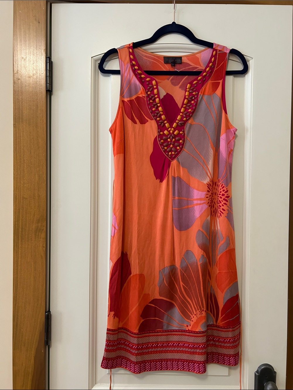 Hale Bob Bright Orange and Pink Silk Jersey Floral Shift Dress with Embellished